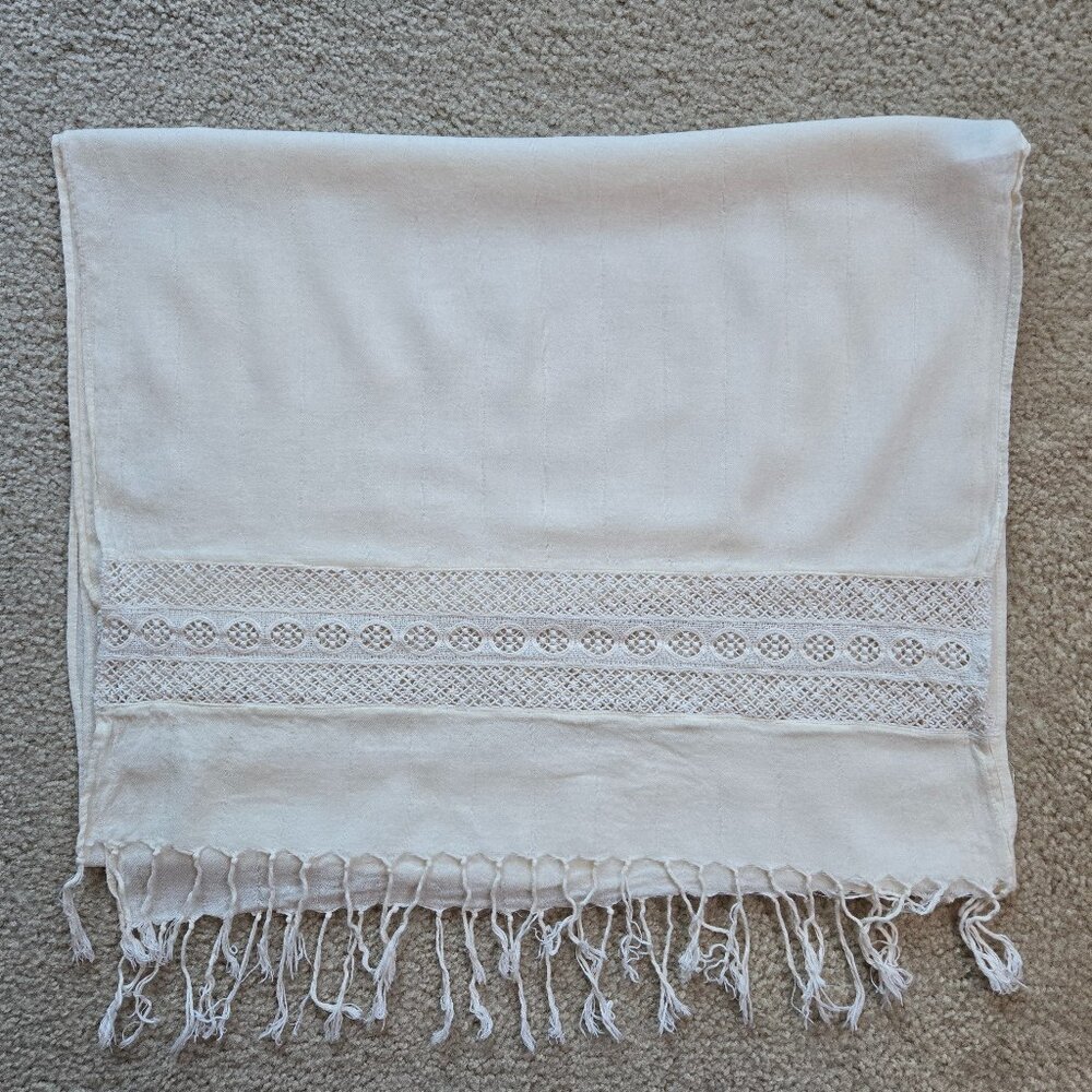 Crochet Lace Detailed Ivory Scarf Boho - Picture 1 of 6